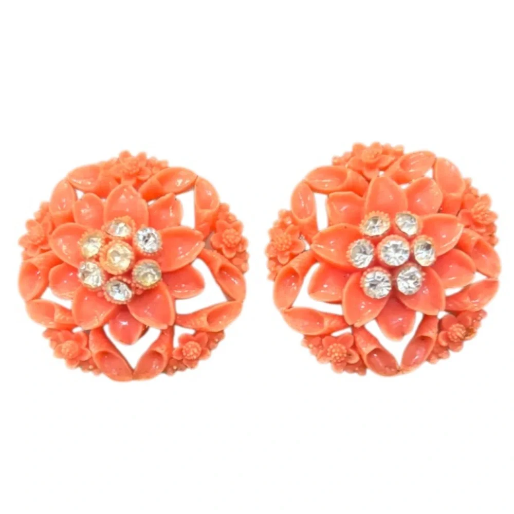 Vintage Earrings Clip On Coral Celluloid Flower Victorian MCM Vintage Jewelry